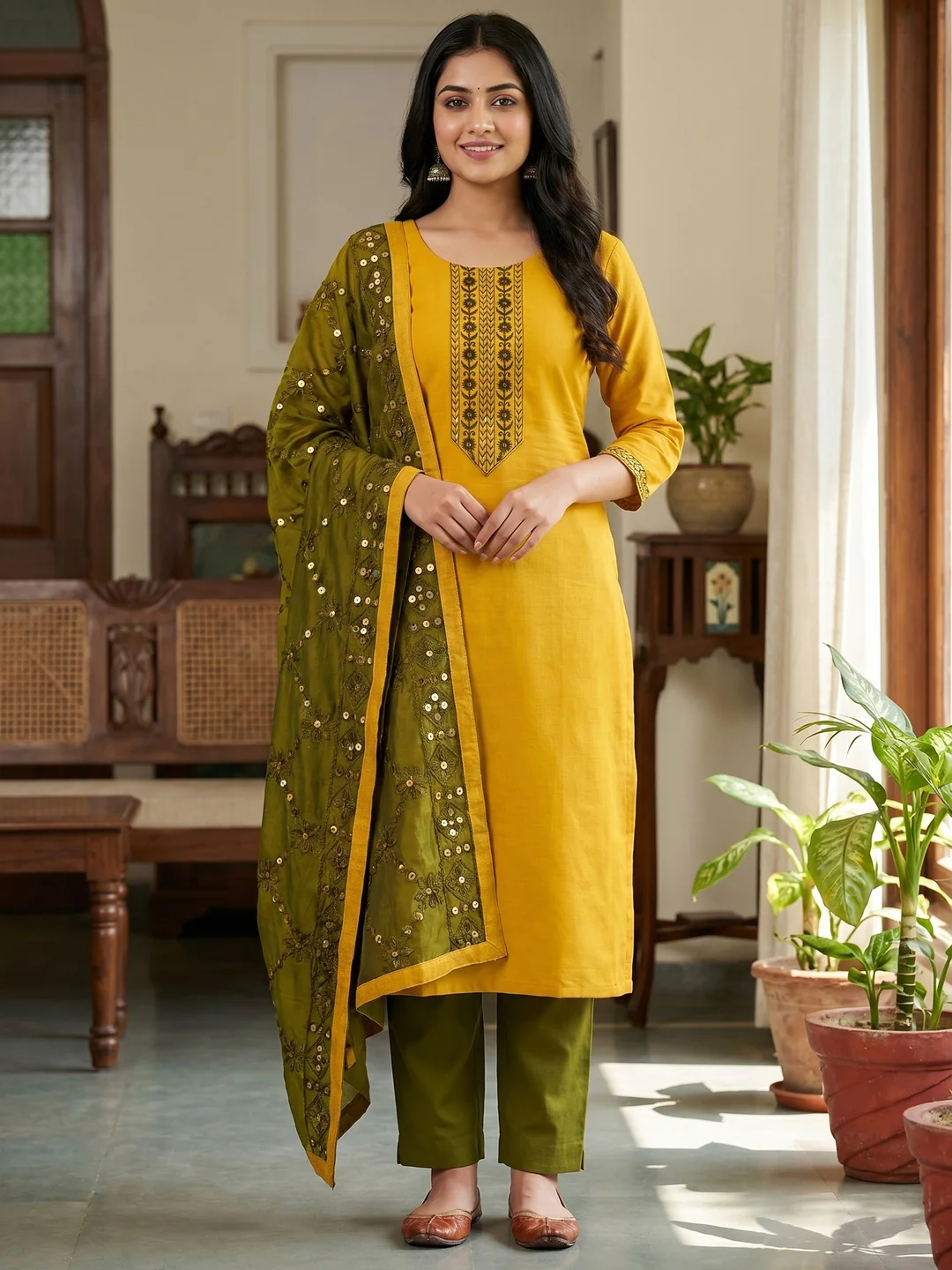 Elegant Yellow Cotton Blend Dress Material Adorned With Floral Embroidery & Delicate Sequins Work