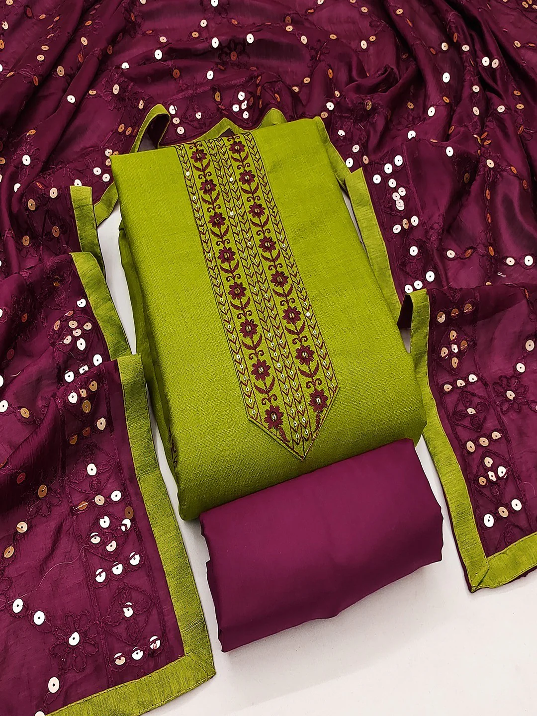 Elegant Green Cotton Blend Dress Material Adorned With Floral Embroidery & Delicate Sequins Work