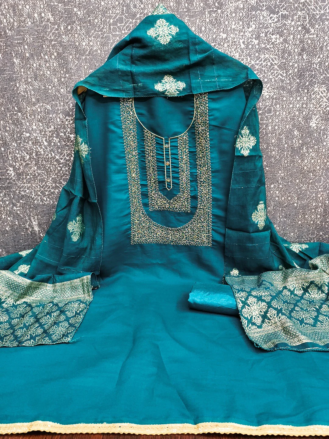 Stylish Morpich Blue Art Silk Dress Material With Detailed Cording Beads & Sequins Embellished Work - Image 3