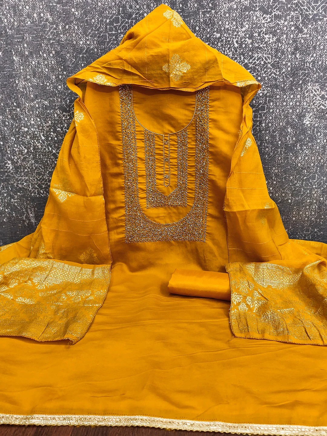 Stylish Mustard Art Silk Dress Material With Detailed Cording Beads & Sequins Embellished Work - Image 3