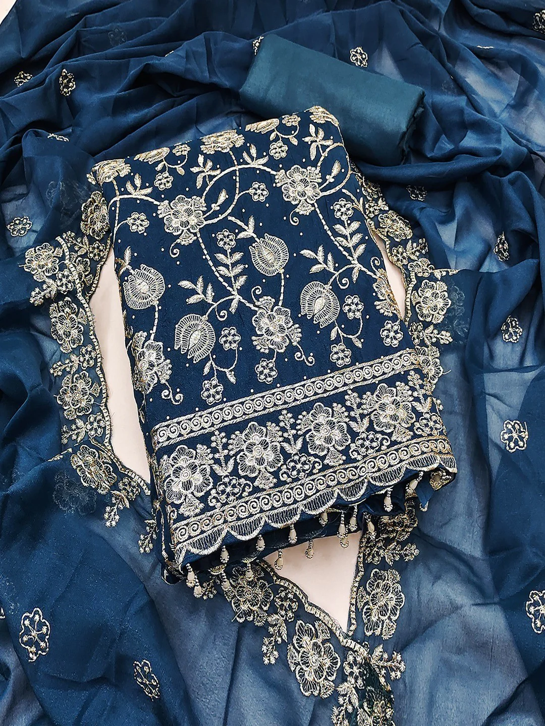 Premium Morpich Blue Floral Zari Embroidery Georgette Dress Material Enhanced With Swarovski Work