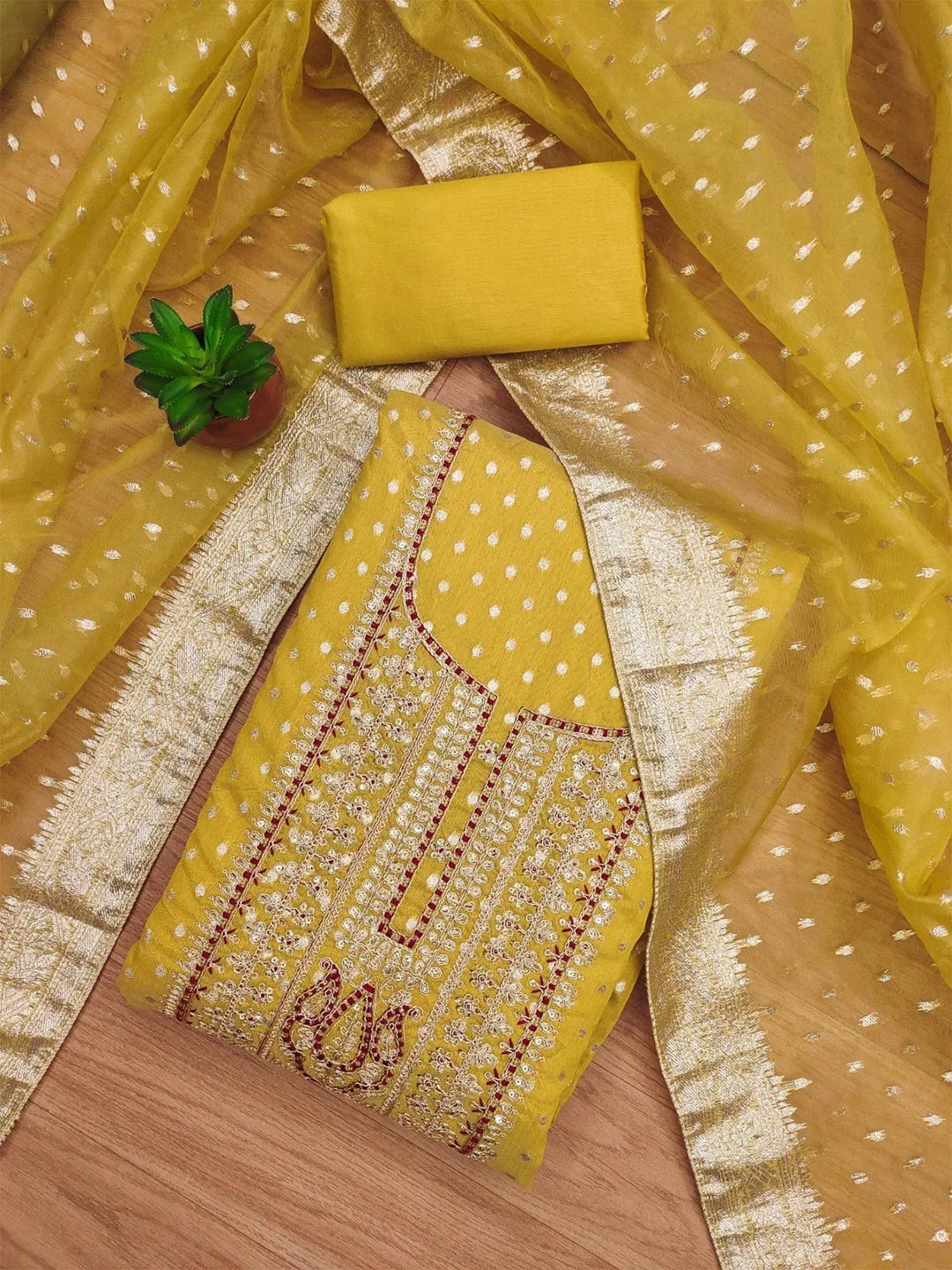 Sophisticated Mustard Floral Cording Sequins Embroidery With Weaving Shimmer Dress Material