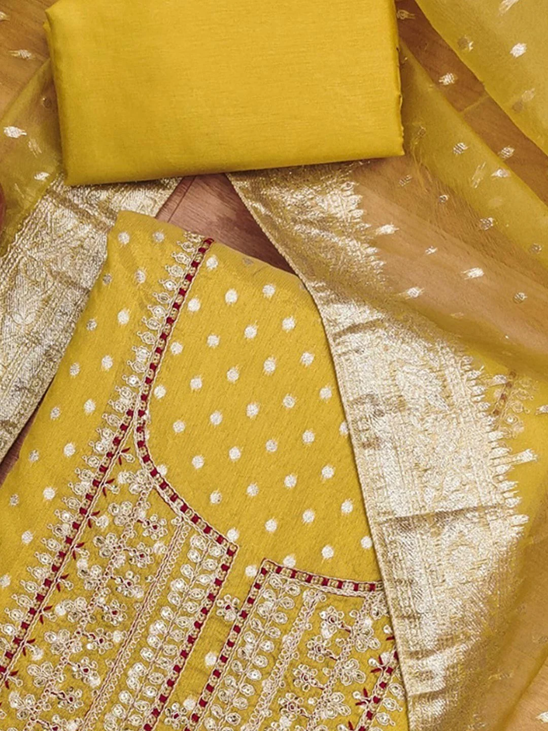 Sophisticated Mustard Floral Cording Sequins Embroidery With Weaving Shimmer Dress Material - Image 5