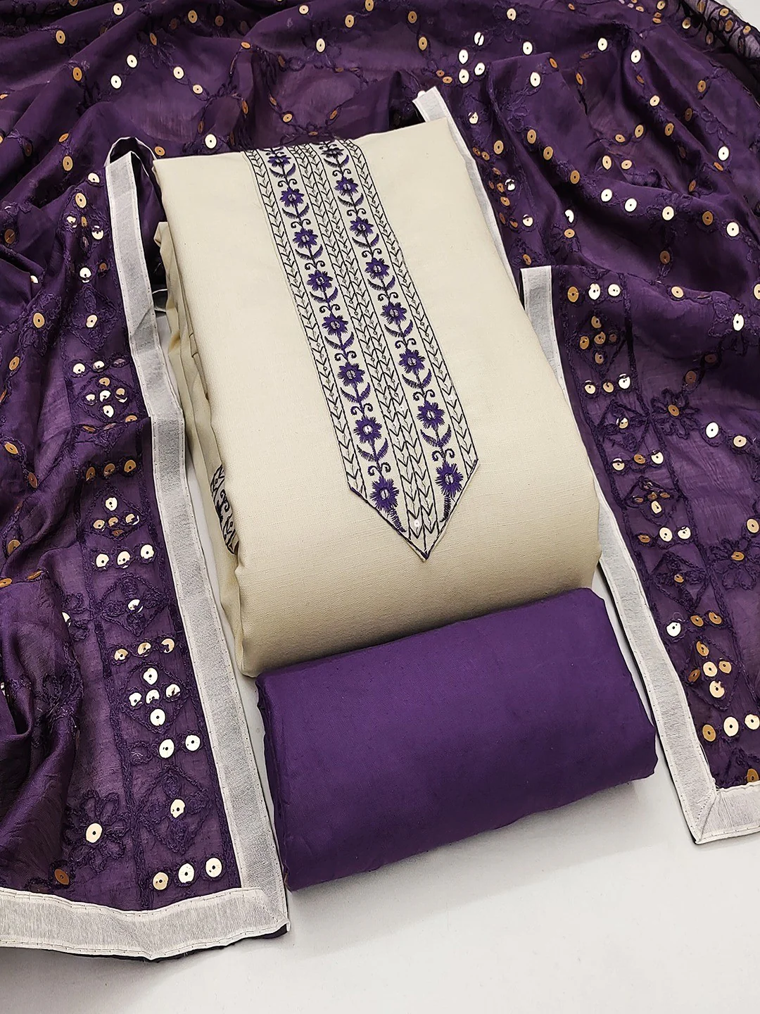 Elegant Cream Cotton Blend Dress Material Adorned With Floral Embroidery & Delicate Sequins Work