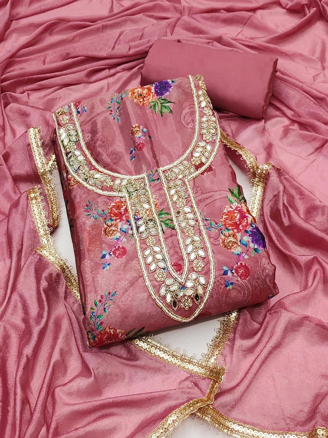 Pink Floral Printed With Mirror Hand Work On Neck Chinon Silk Dress Material