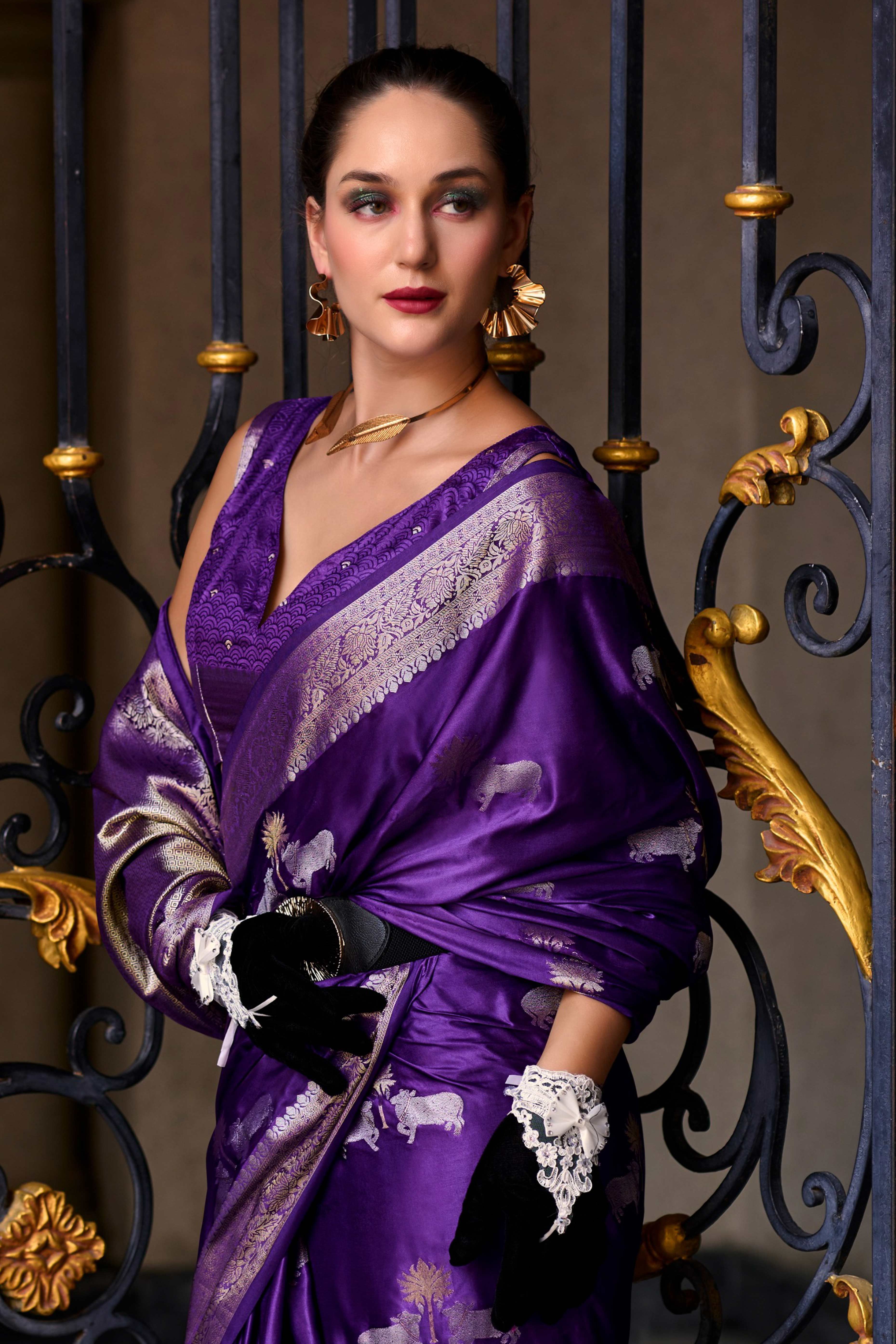 16Dark Purple Satin Saree with Floral Zari Weaving - Image 4