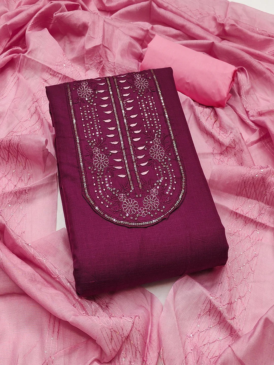 Refreshing Wine Floral Thread Embroidered Cotton Dress Material With Elegant Sequins Work