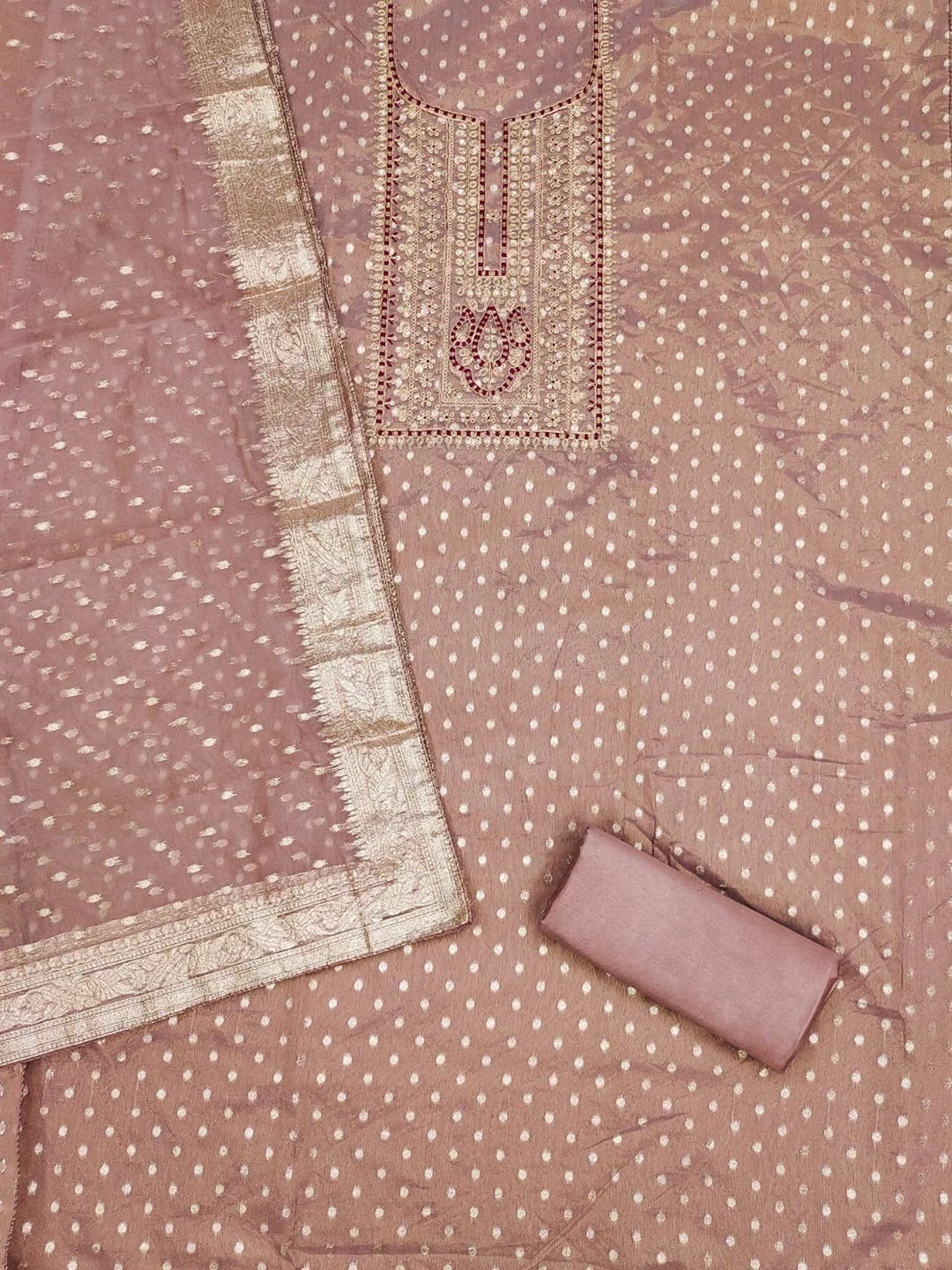 Sophisticated Mauve Floral Cording Sequins Embroidery With Weaving Shimmer Dress Material - Image 3