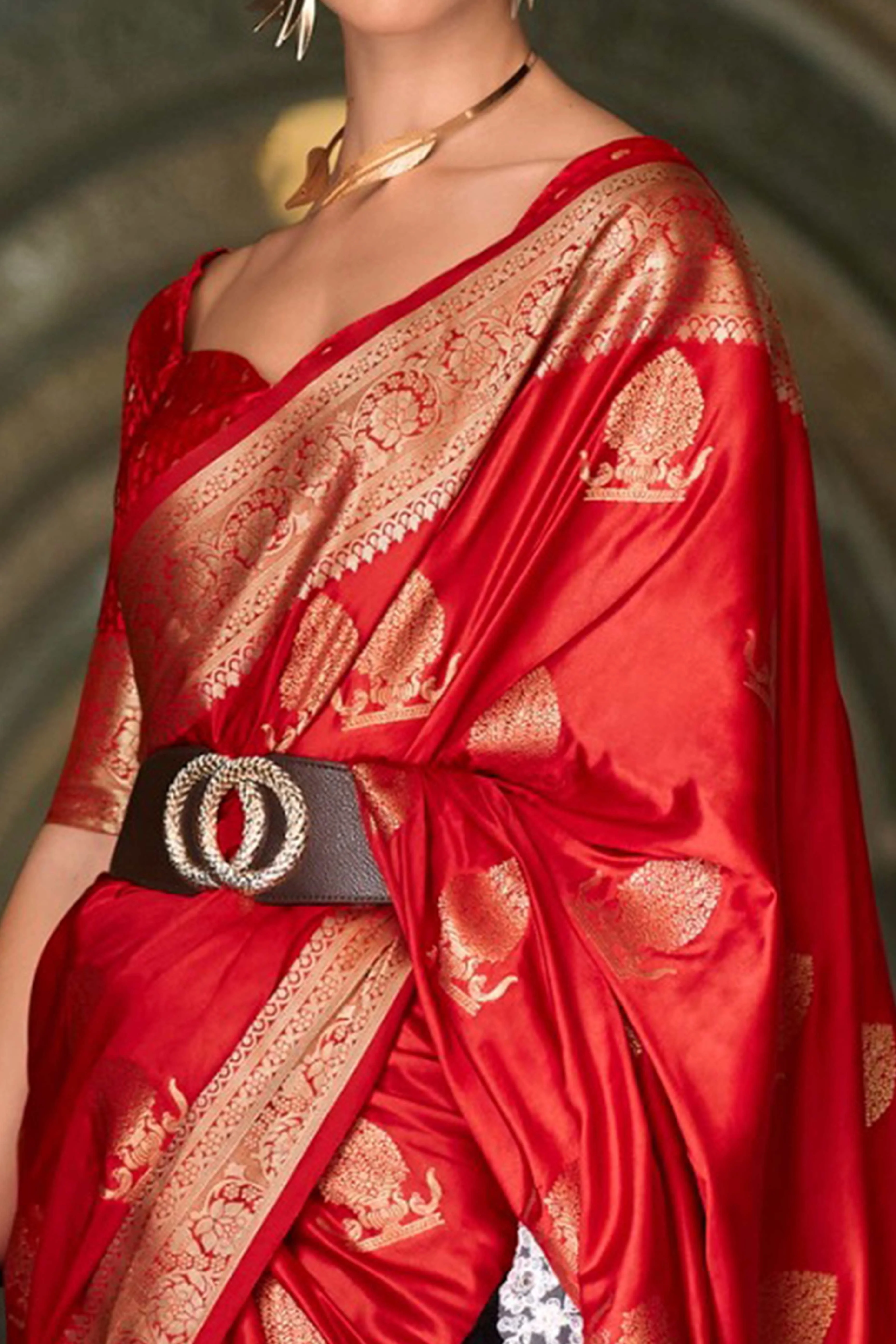 17Red Satin Saree with Floral Zari Weaving - Image 2