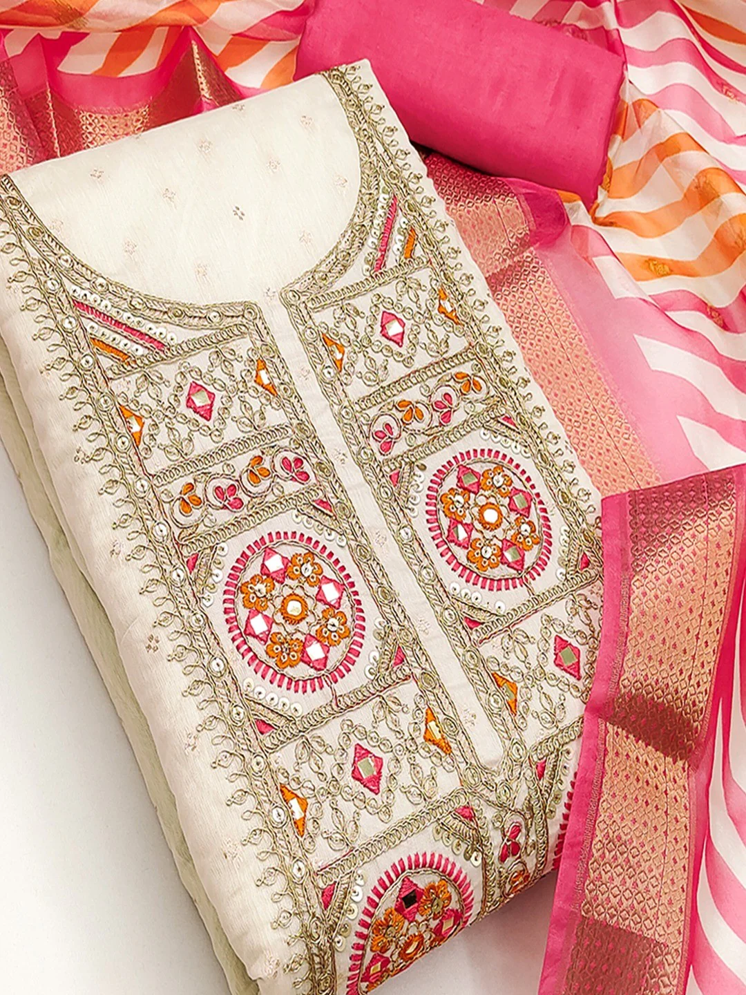 Elegant Cream & Pink Butti Weaving Chanderi Silk Dress Material With Cording Sequins Embroidery - Image 5
