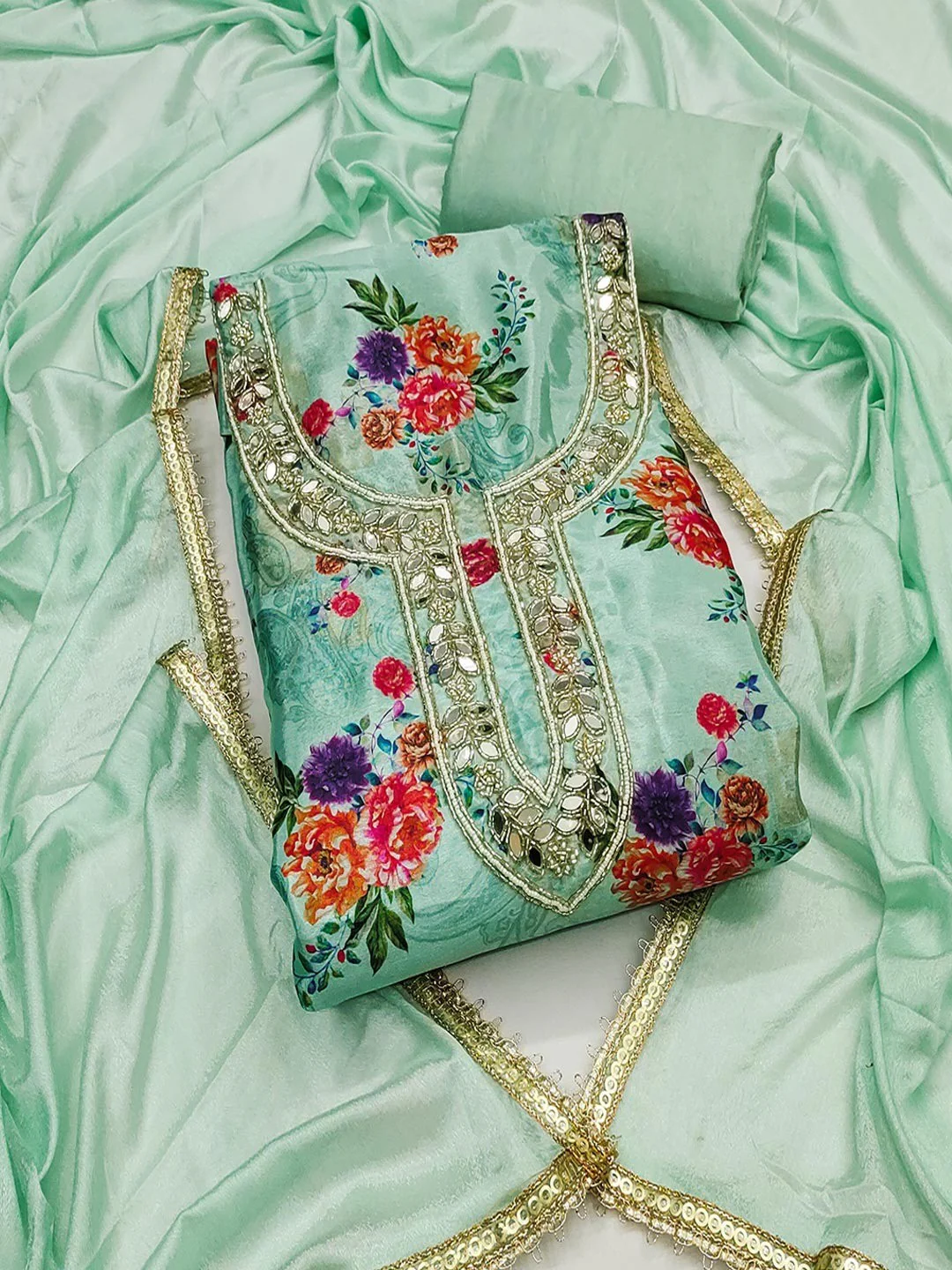 Green Floral Printed With Mirror Hand Work On Neck Chinon Silk Dress Material