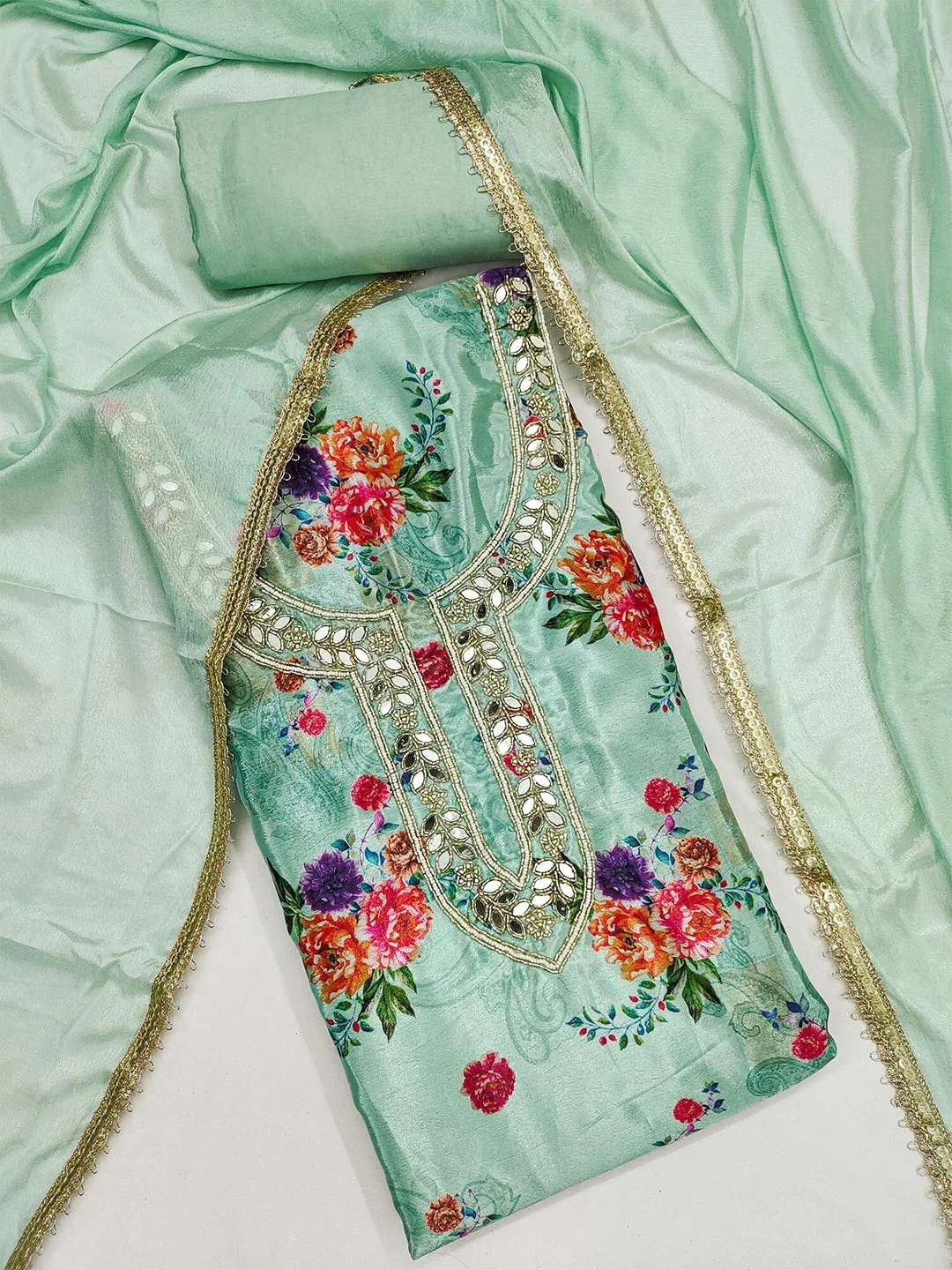 Green Floral Printed With Mirror Hand Work On Neck Chinon Silk Dress Material - Image 3