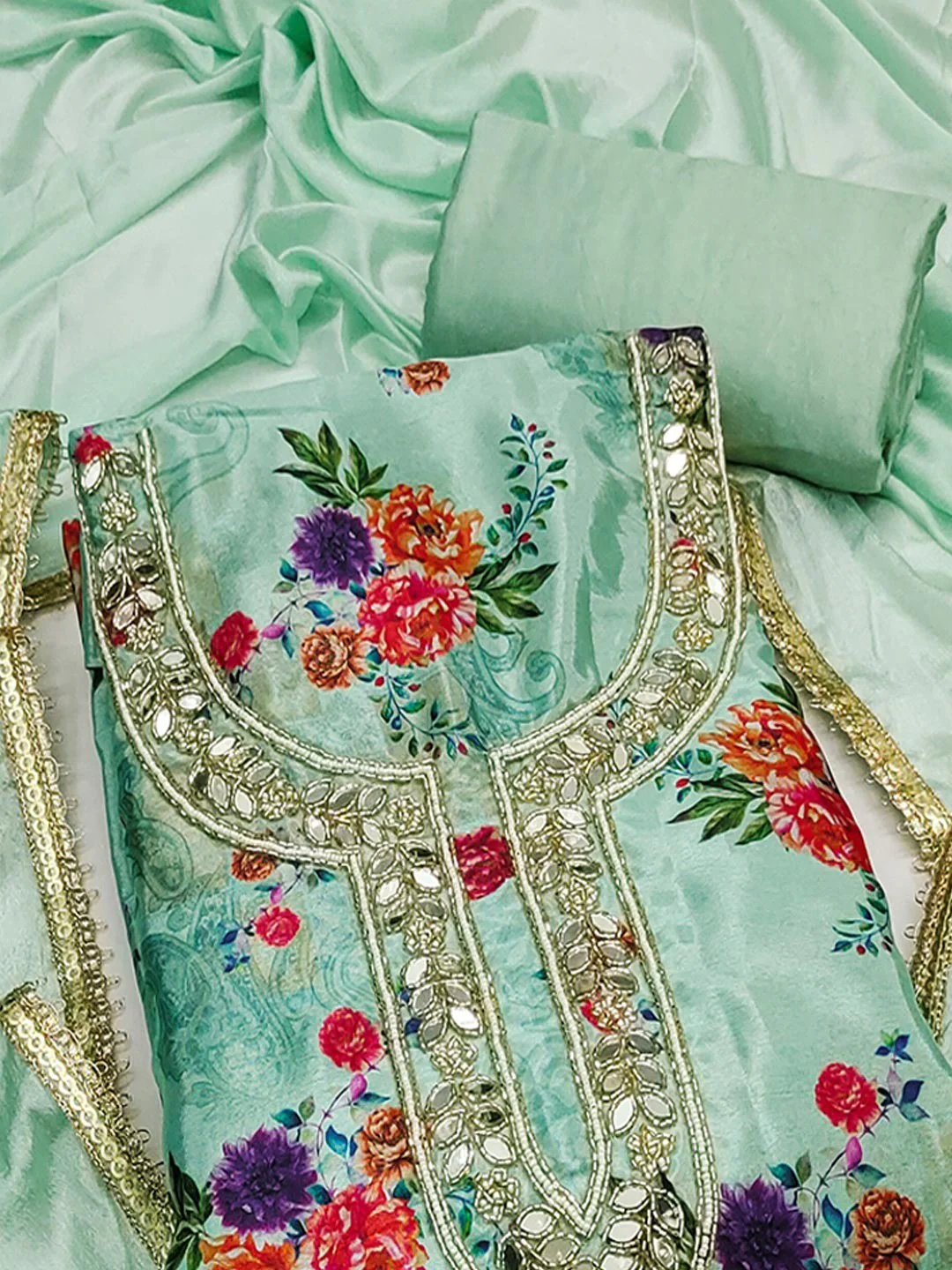 Green Floral Printed With Mirror Hand Work On Neck Chinon Silk Dress Material - Image 4
