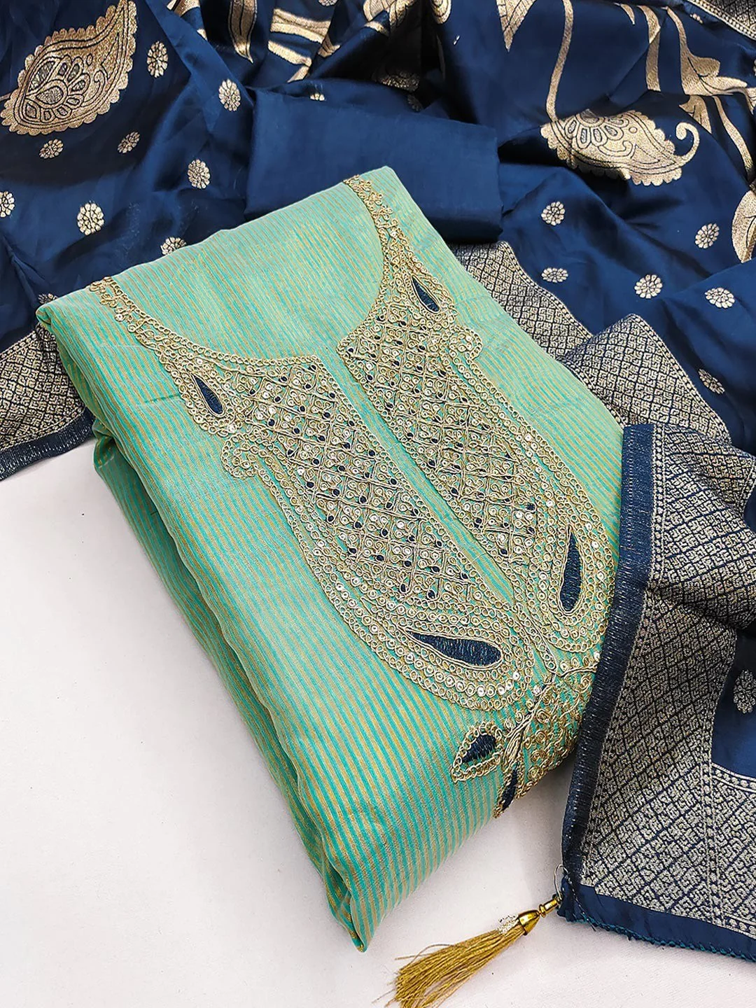 Sophisticated Turquoise Striped Weaving Shimmer Dress Material Highlighted By Cording Embroidery - Image 4