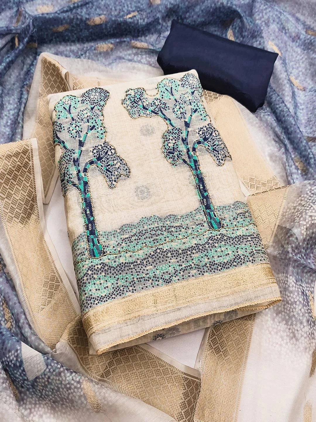 Designer Chikoo & Navy Blue Floral Woven Jacquard Dress Material With Elegant Daman Handwork