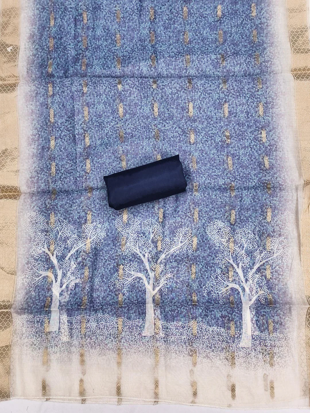 Designer Chikoo & Navy Blue Floral Woven Jacquard Dress Material With Elegant Daman Handwork - Image 2