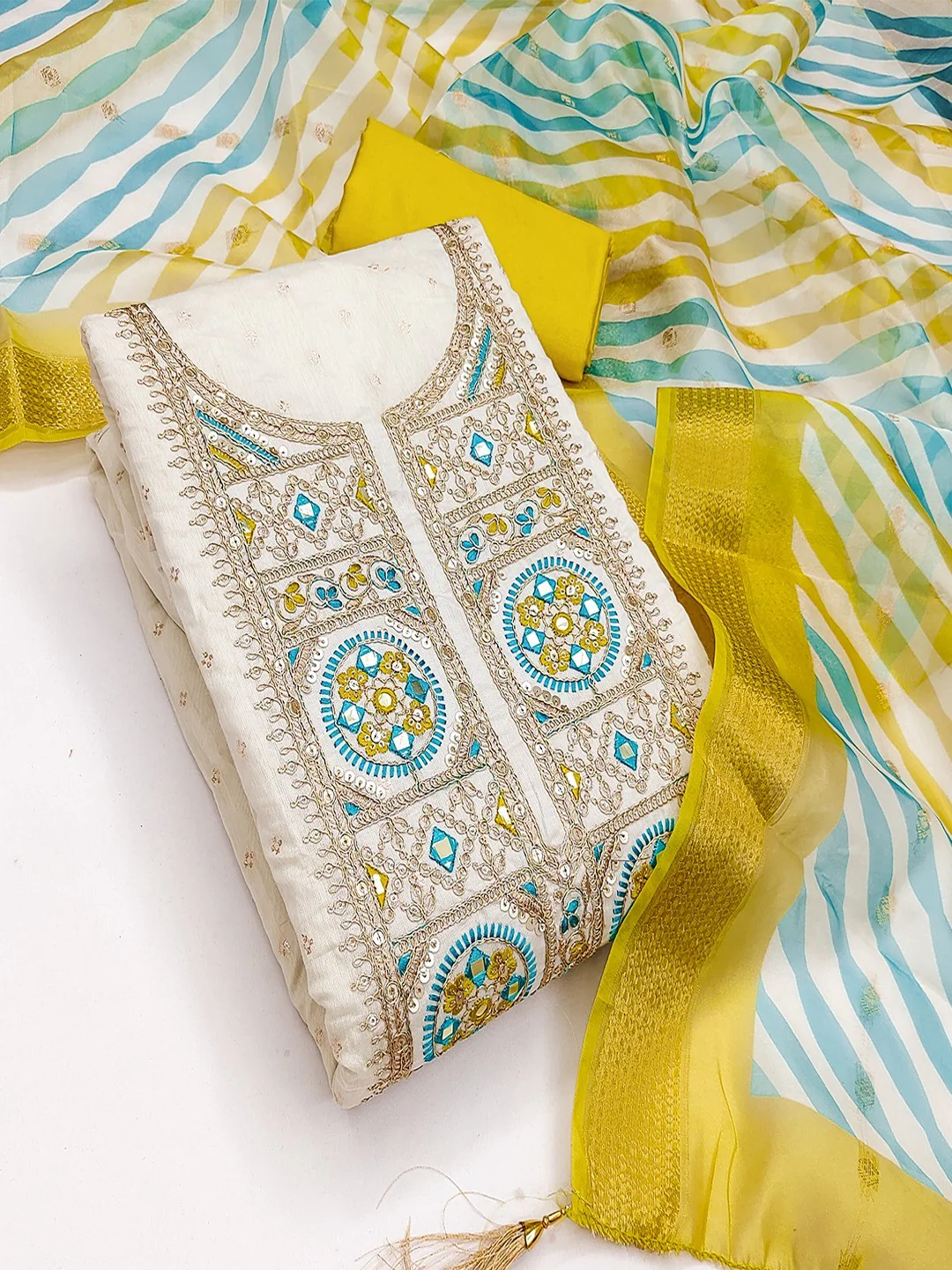 Elegant Cream & Mustard Butti Weaving Chanderi Silk Dress Material With Cording Sequins Embroidery