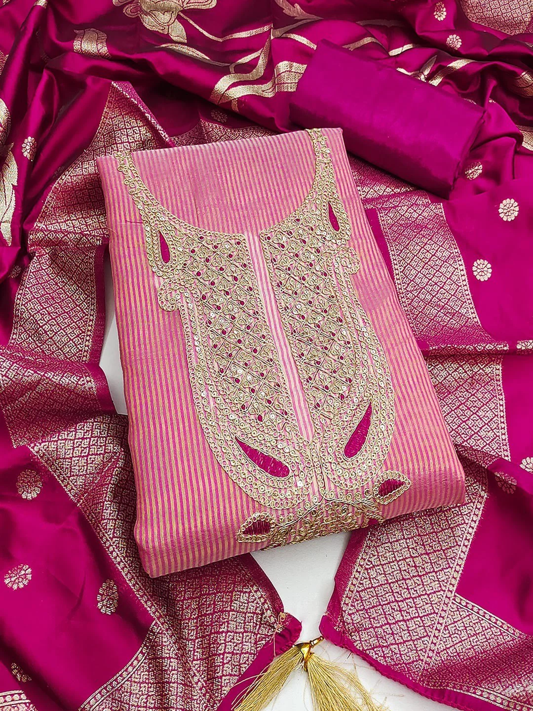 Sophisticated Pink Striped Weaving Shimmer Dress Material Highlighted By Cording Embroidery