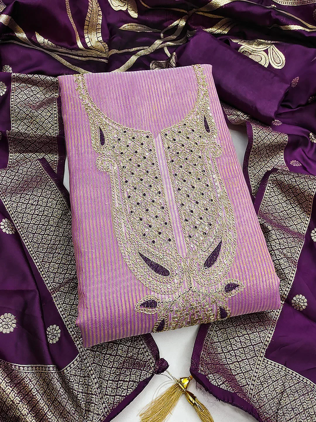 Sophisticated Purple Striped Weaving Shimmer Dress Material Highlighted By Cording Embroidery