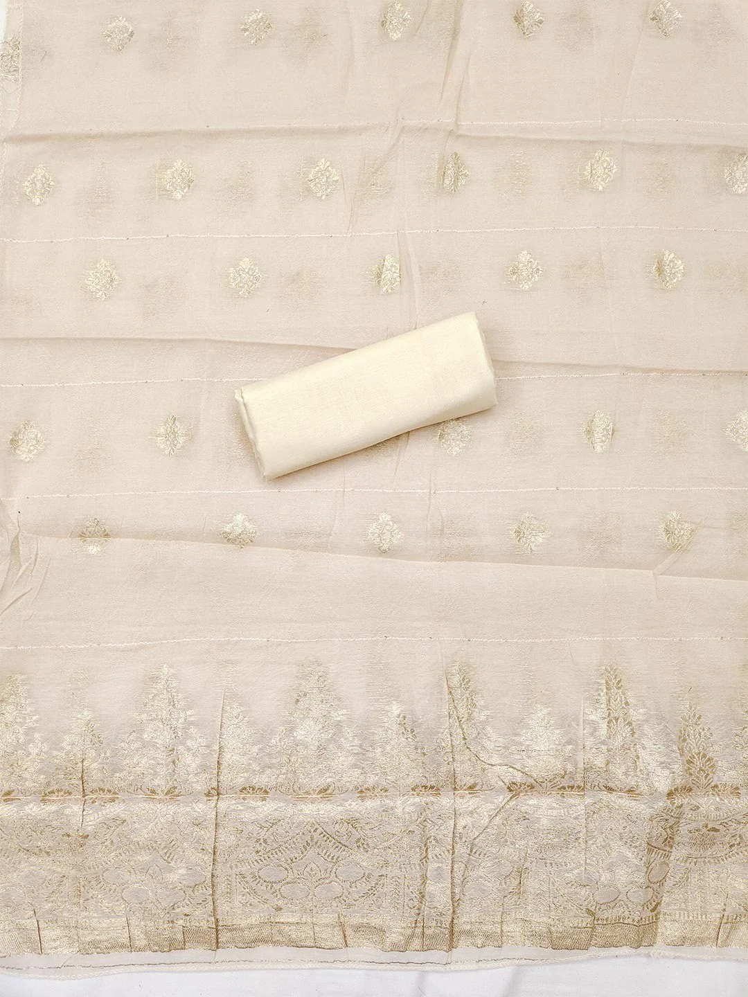 Graceful Cream Floral Weaving Shimmer Jacquard Dress Material With Cording Sequins Embroidery - Image 2