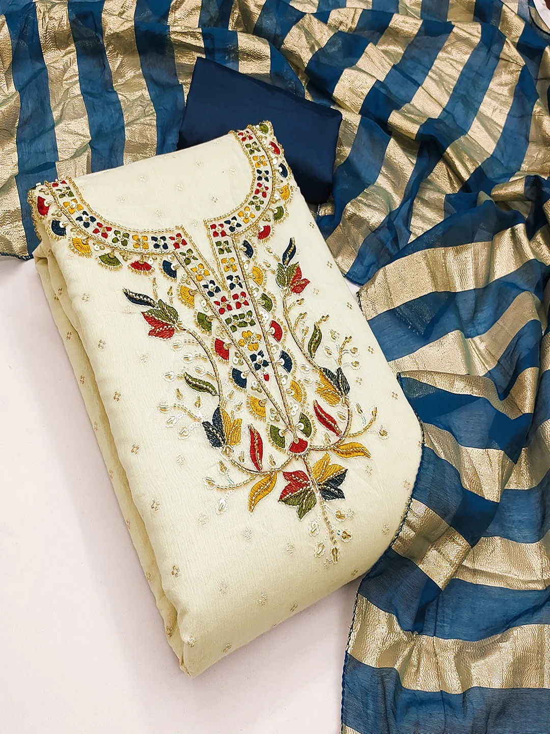 Graceful Cream & Blue Butti Woven Chanderi Silk Dress Material With Beads & Sequins Embroidery