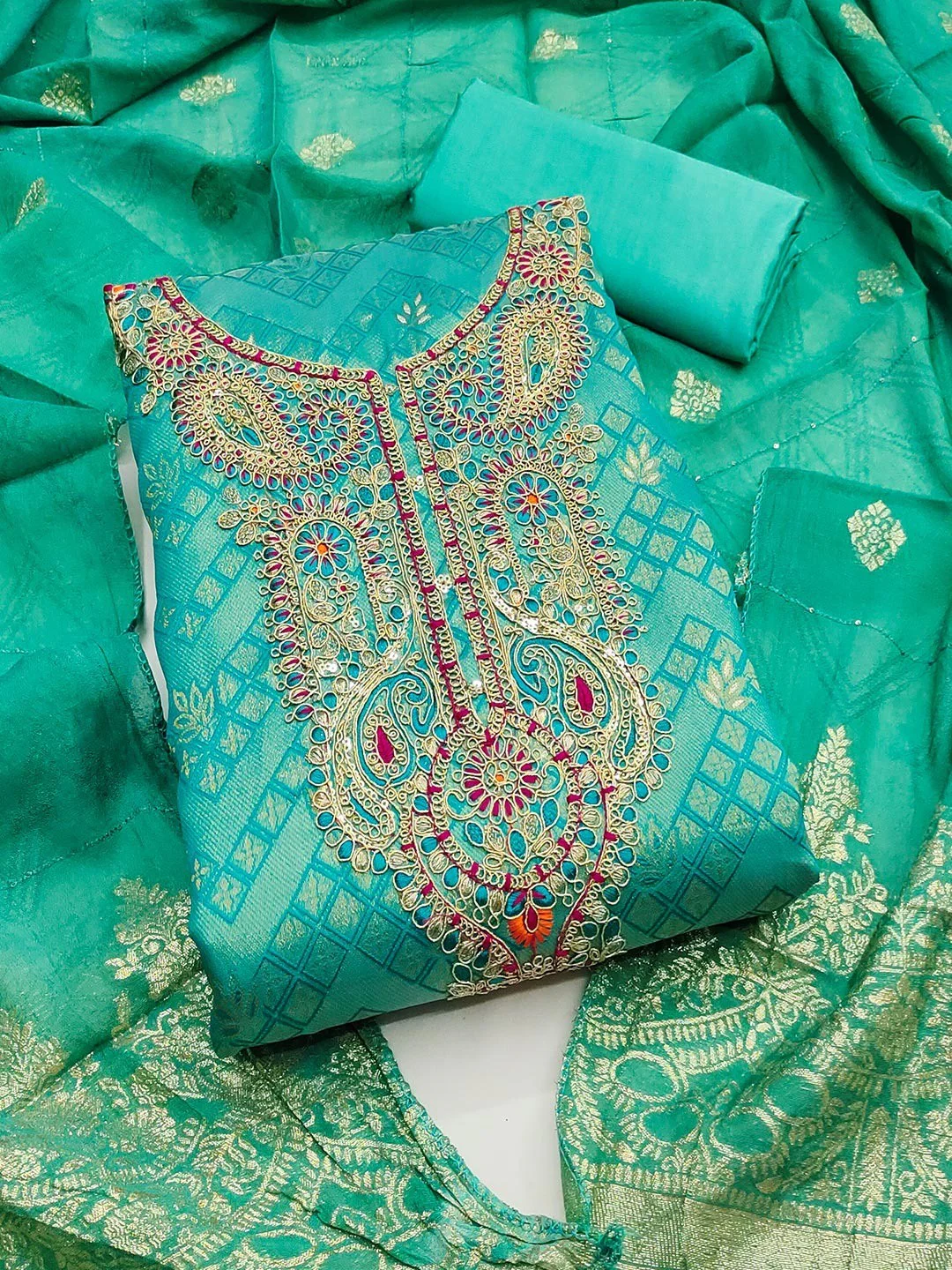 Graceful Turquoise Floral Weaving Shimmer Jacquard Dress Material With Cording Sequins Embroidery