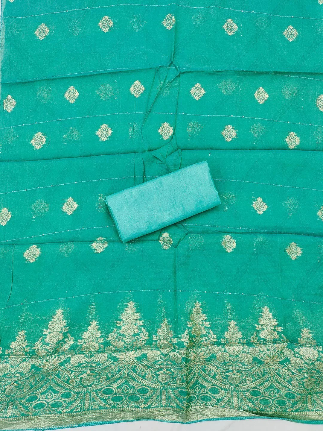 Graceful Turquoise Floral Weaving Shimmer Jacquard Dress Material With Cording Sequins Embroidery - Image 2