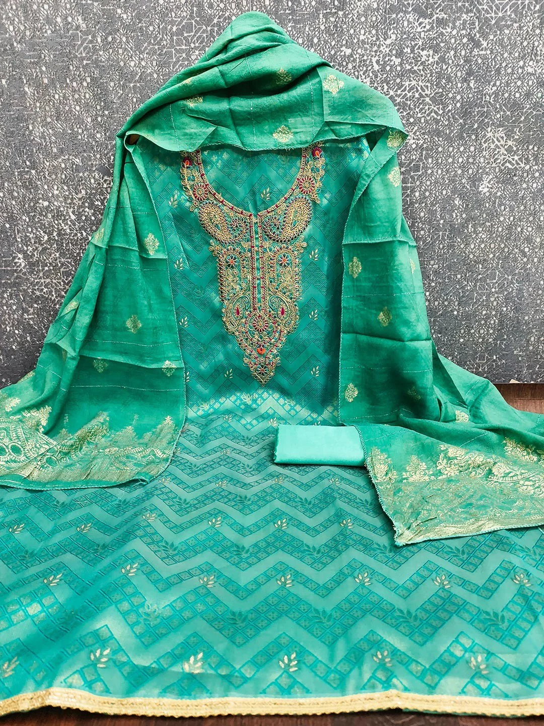 Graceful Turquoise Floral Weaving Shimmer Jacquard Dress Material With Cording Sequins Embroidery - Image 3