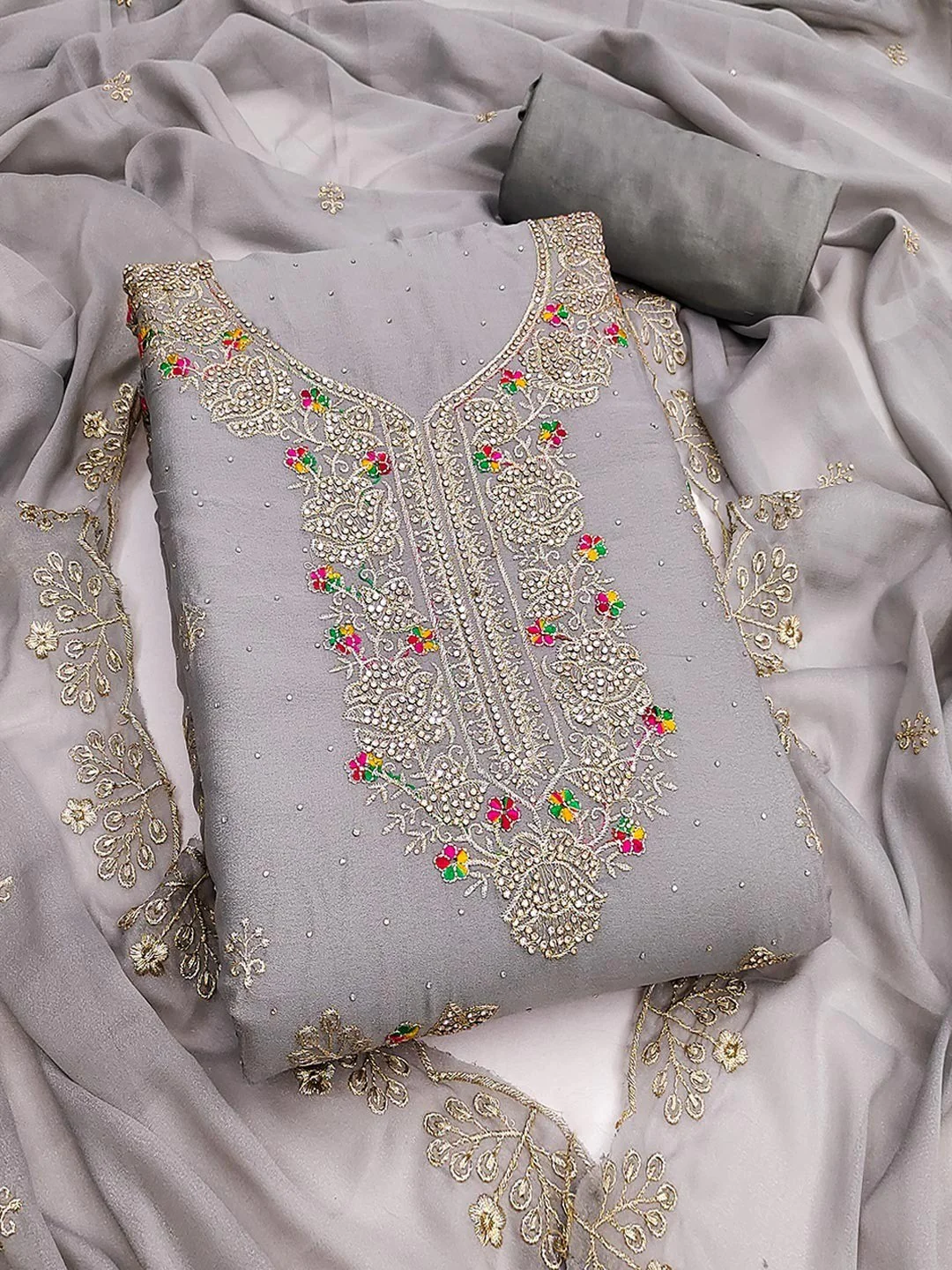 Grey Floral Embroidery Georgette Dress Material With Shimmering Zarkan & Diamond Accents