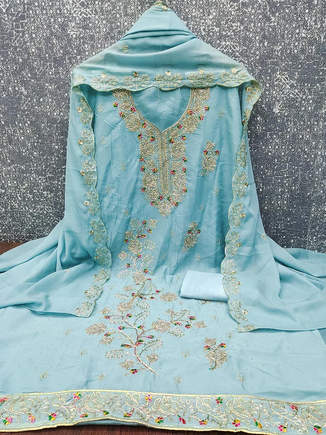 Blue Floral Embroidery Georgette Dress Material With Shimmering Zarkan & Diamond Accents - Image 3