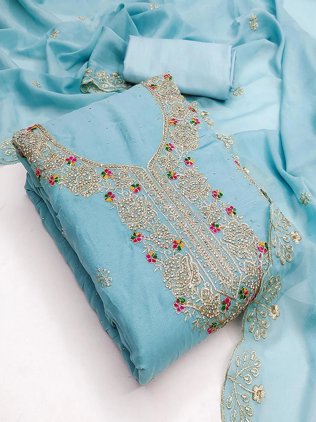Blue Floral Embroidery Georgette Dress Material With Shimmering Zarkan & Diamond Accents - Image 4
