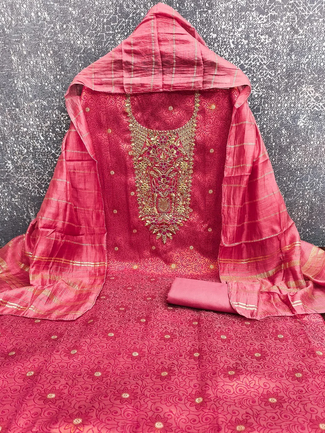 Elite Premium Designer Pink Floral Weaving Shimmer Dress Material Featuring Cording Embroidery - Image 4