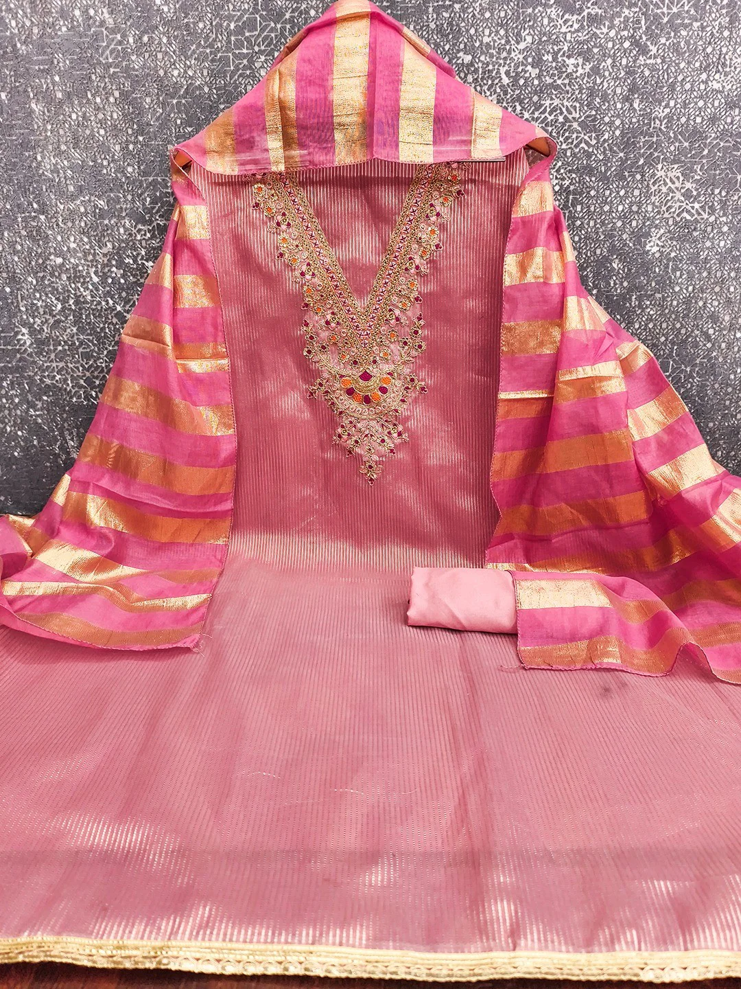 Luxurious Pink Striped Weaving Shimmer Silk Dress Material With Cording Embroidery & Sequins Work - Image 3