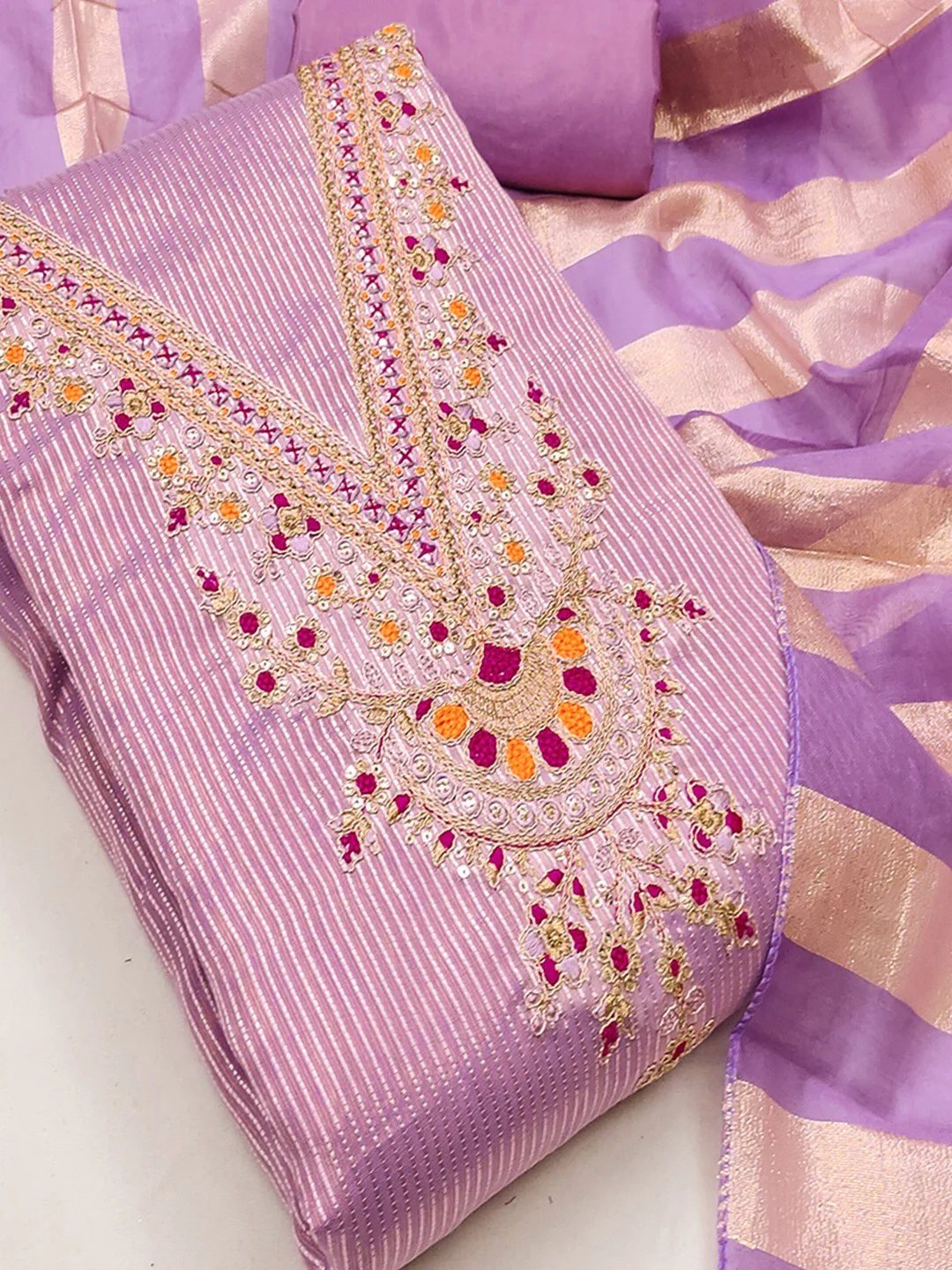 Luxurious Lavender Striped Weaving Shimmer Silk Dress Material With Cording Embroidery & Sequin Work - Image 5