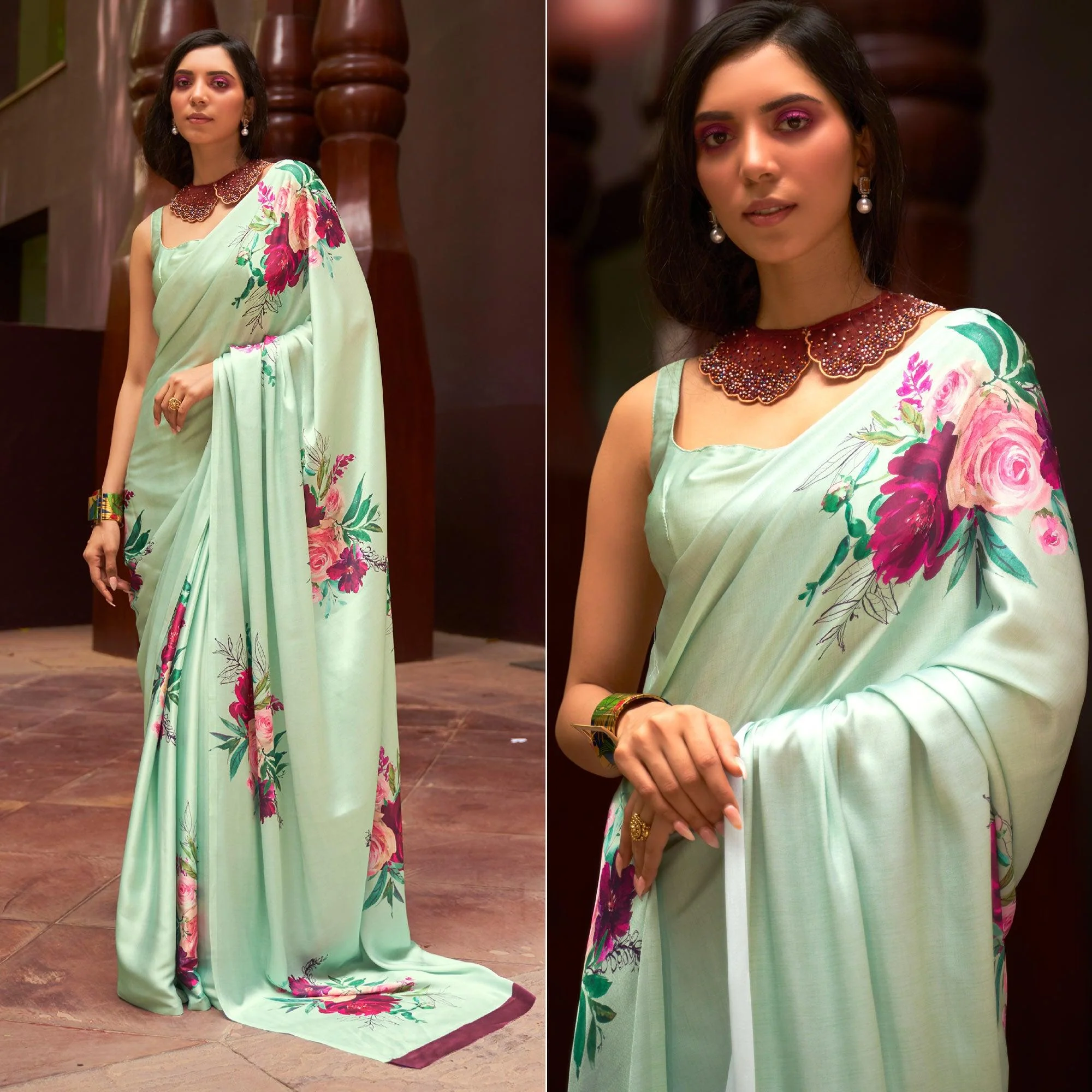 Turquoise Green Floral Digital Printed Satin Saree