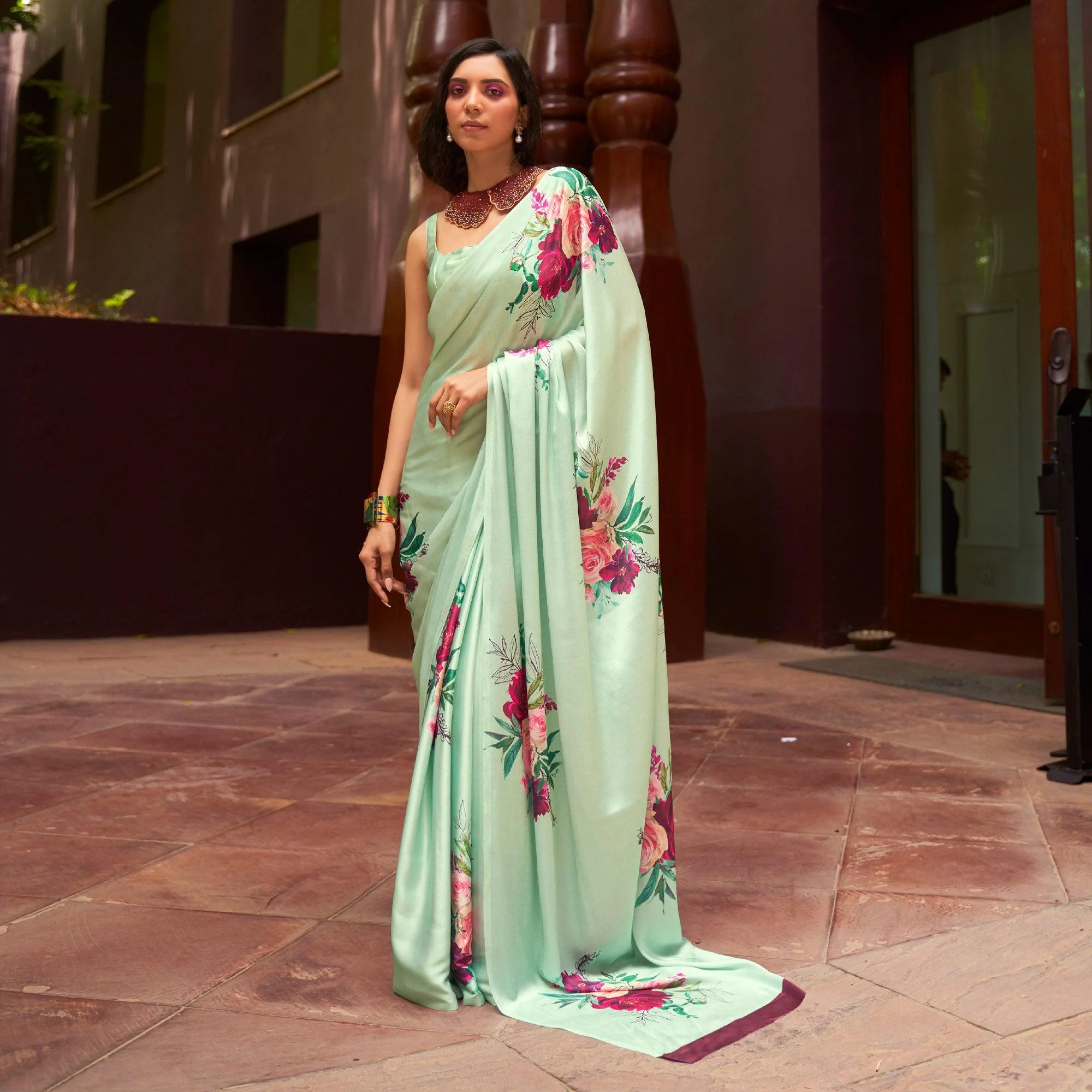 Turquoise Green Floral Digital Printed Satin Saree - Image 2