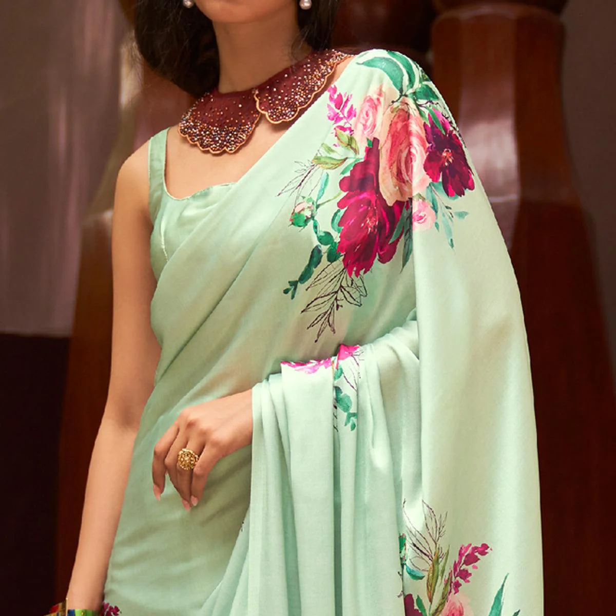 Turquoise Green Floral Digital Printed Satin Saree - Image 3