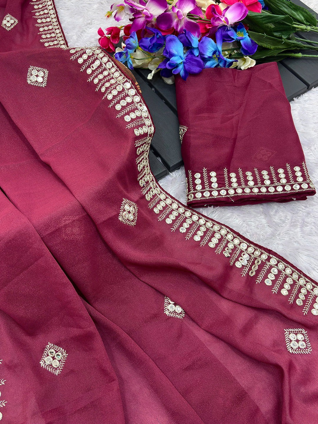 Charming Maroon Georgette Saree With Delicate Sequins Embroidery & A Beautiful Border - Image 3