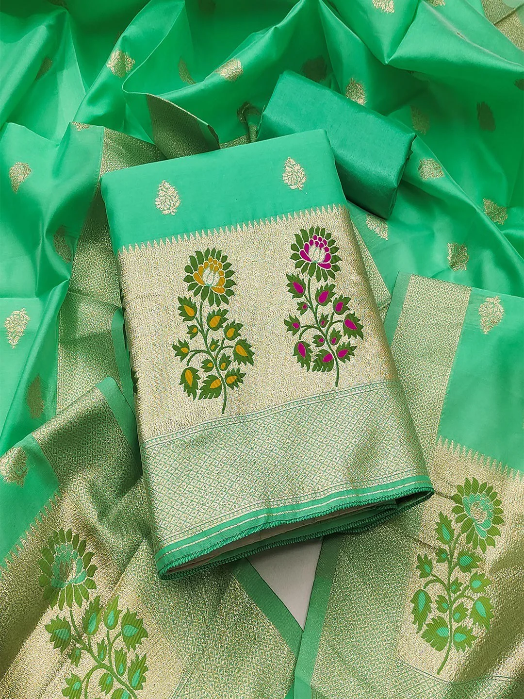 Luxurious Sea Green Banarasi Silk Dress Material With Floral Weaving Jacquard & Meenakari Artistry