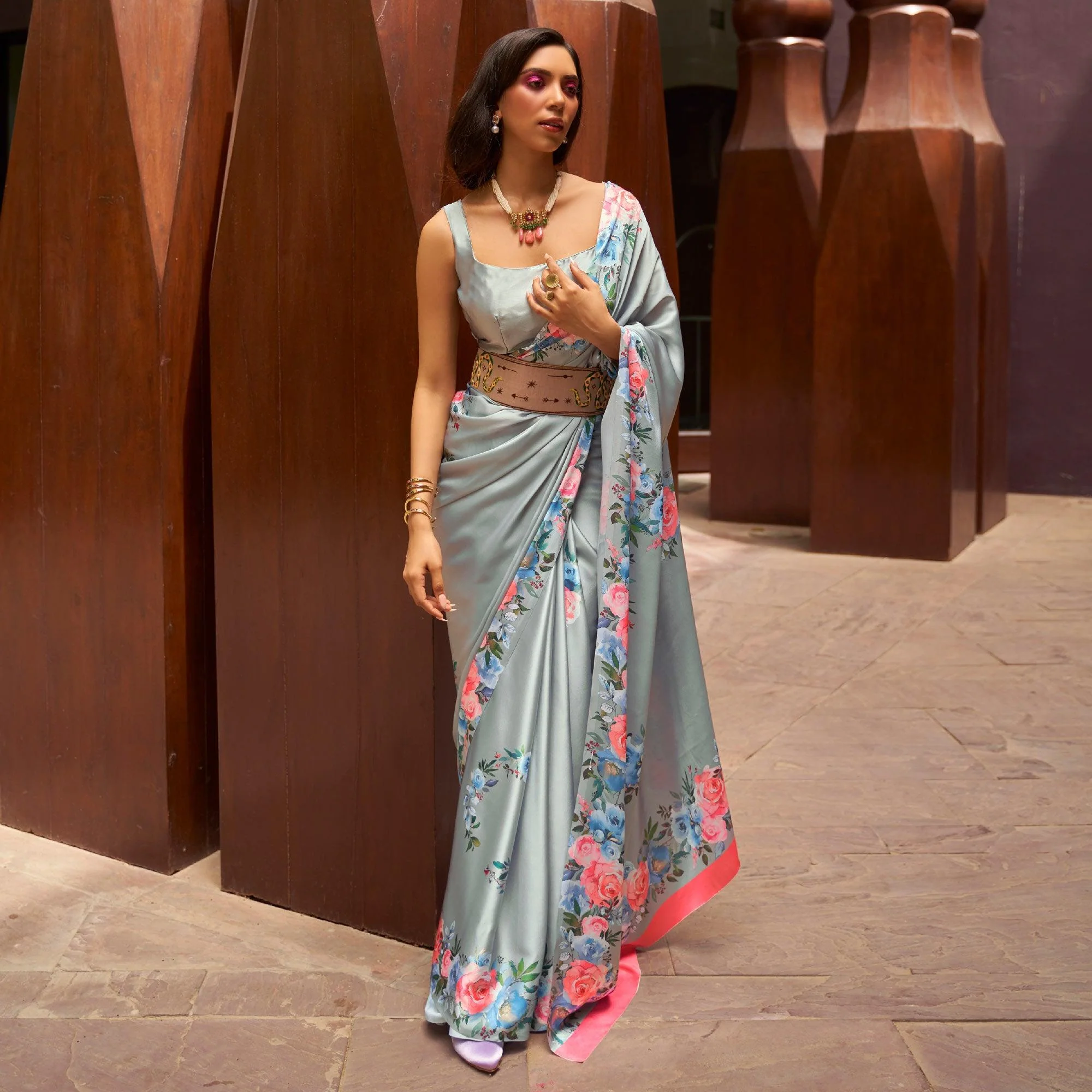 Grey Floral Digital Printed Satin Saree - Image 2