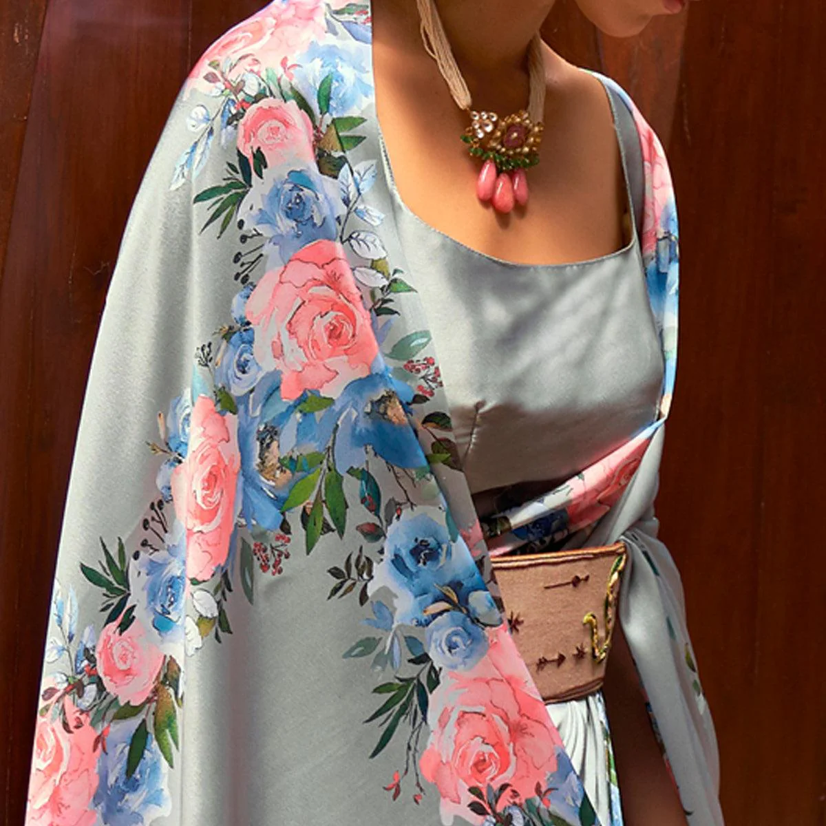 Grey Floral Digital Printed Satin Saree - Image 3