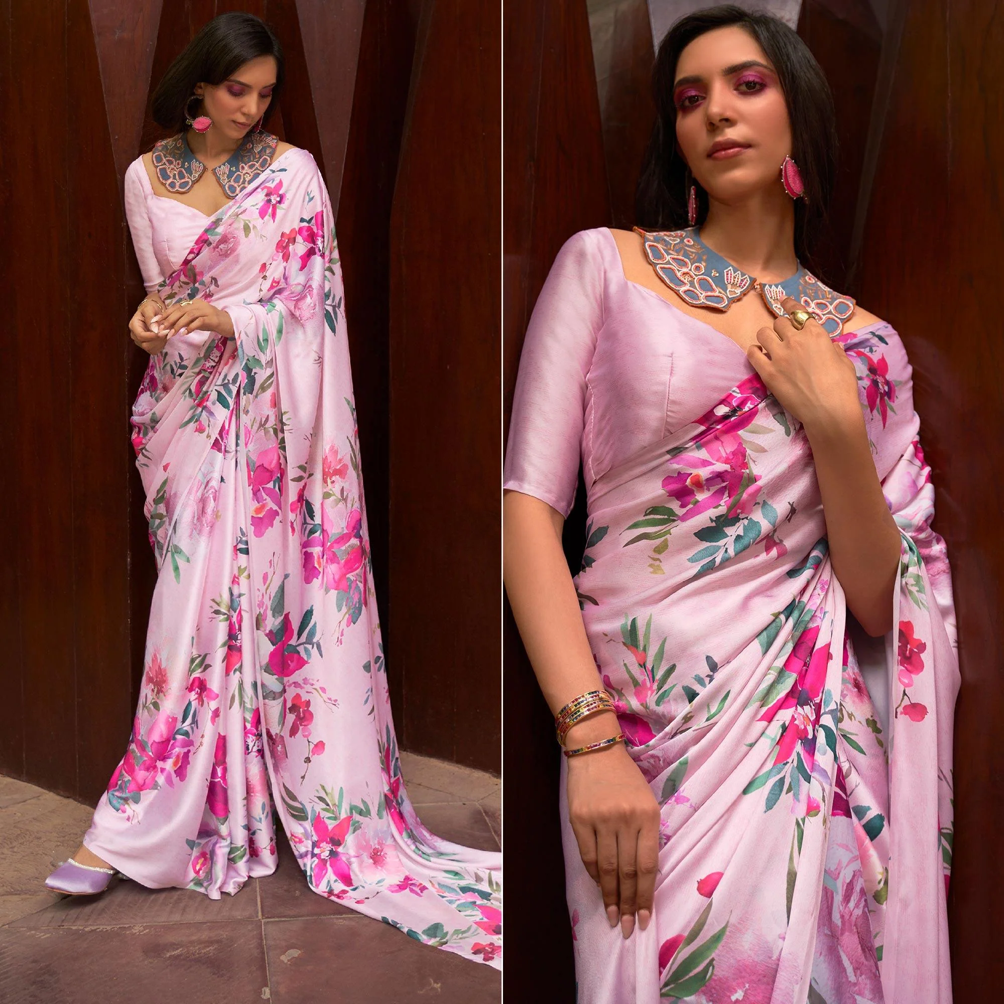 Pink Floral Digital Printed Satin Saree