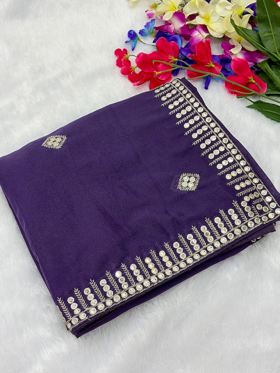 Charming Purple Georgette Saree With Delicate Sequins Embroidery & A Beautiful Border - Image 3