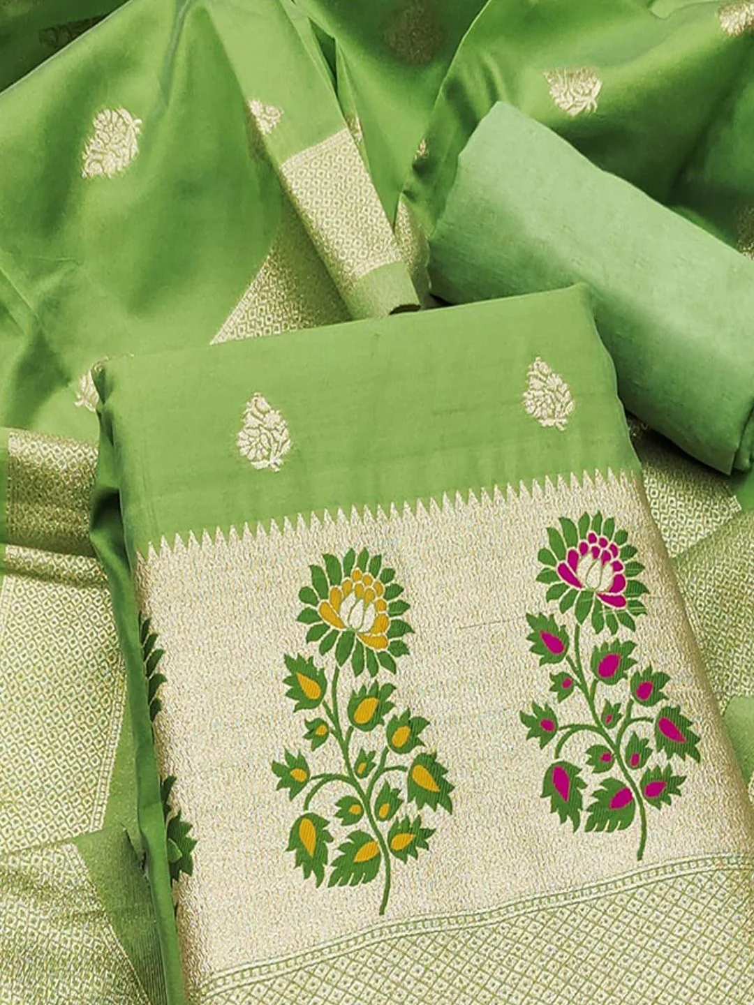 Luxurious Green Banarasi Silk Dress Material With Floral Weaving Jacquard & Meenakari Artistry - Image 5