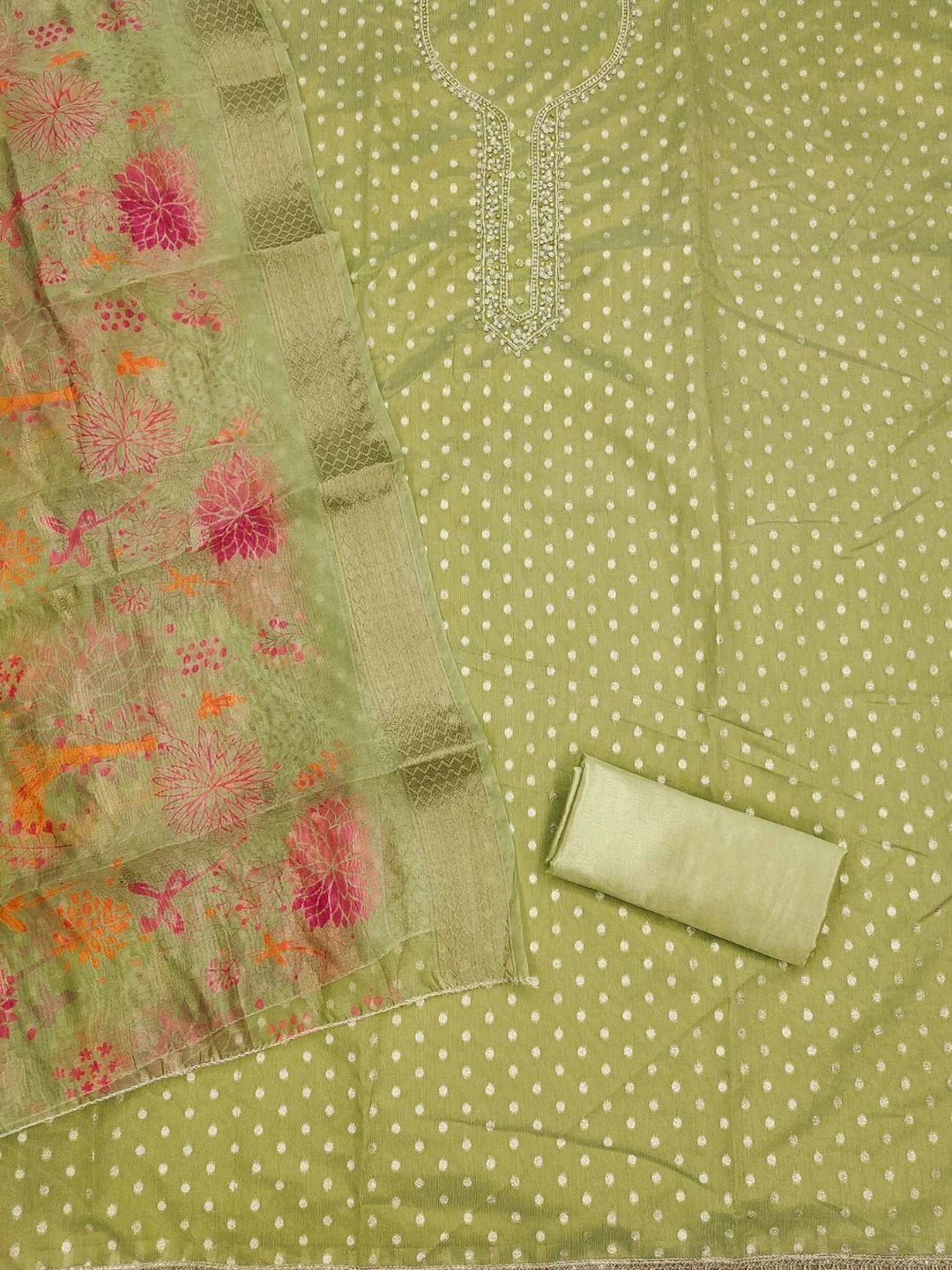 Premium Green Woven Shimmer Dress Material Enhanced With Delicate Moti Beads & Stone Handwork - Image 2