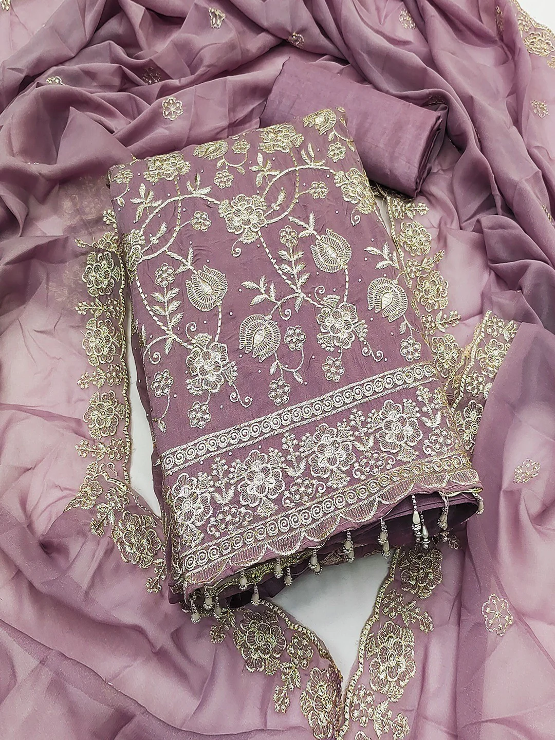 Premium Mauve Floral Zari Embroidery Georgette Dress Material Enhanced With Swarovski Work