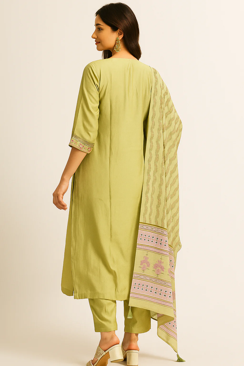 A-Line Salwar Suit in Pista Green Chanderi Silk with Sequins Work - Image 3