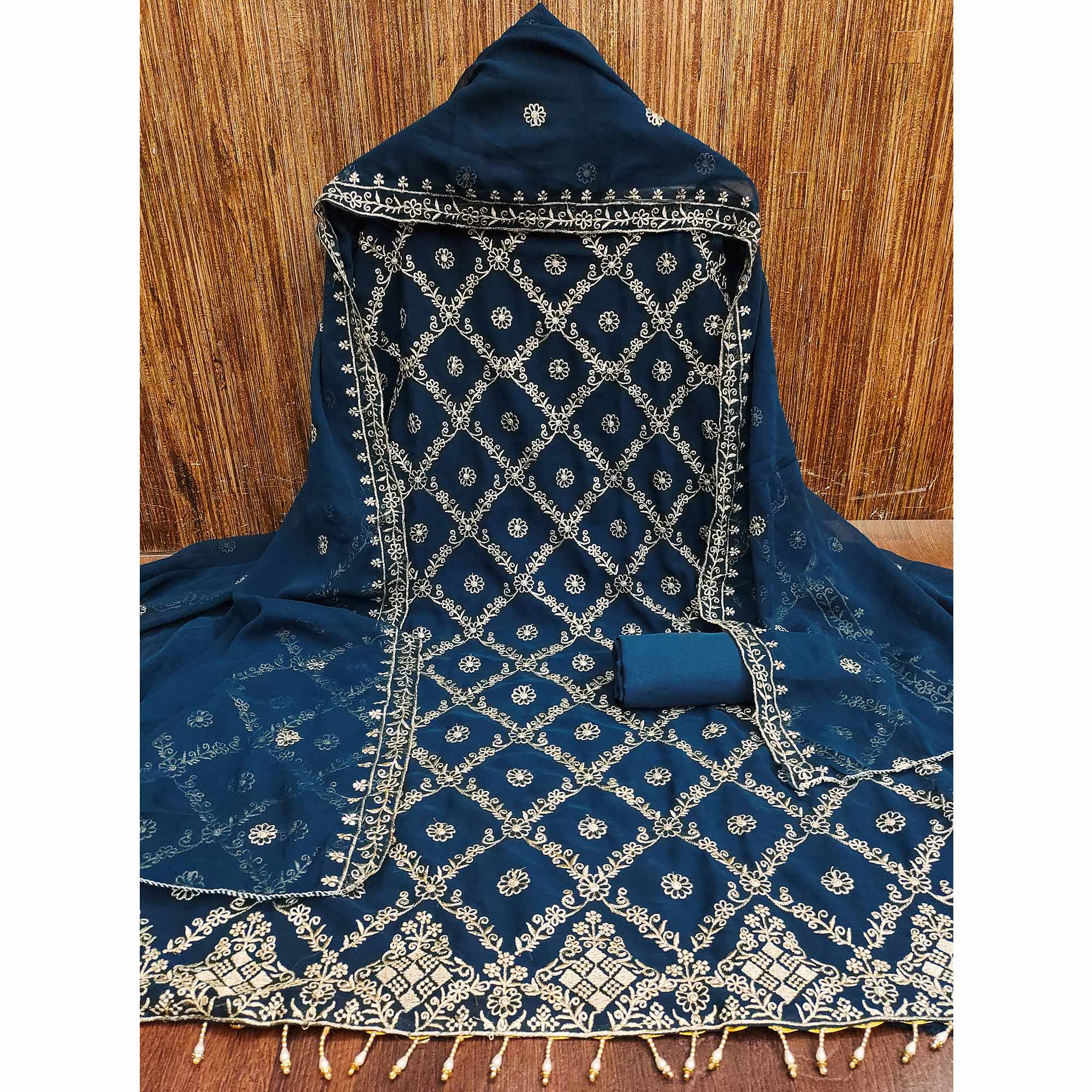 A Mesmerizing Creation Blue Floral Embroidered Georgette Dress Material - Image 3