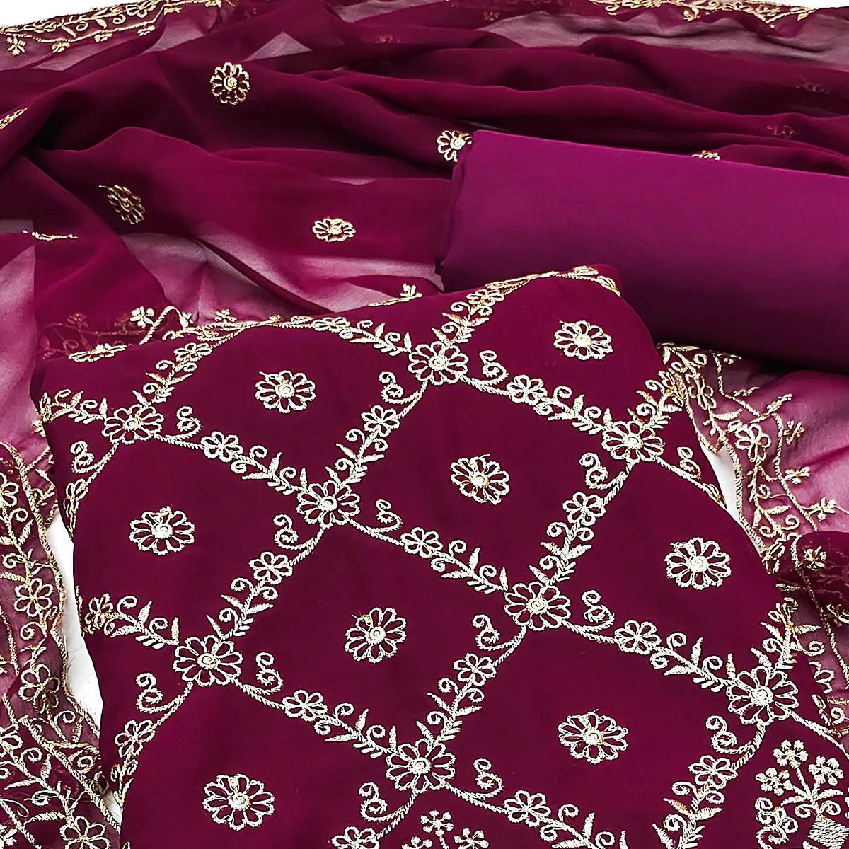 A Mesmerizing Creation Wine Floral Embroidered Georgette Dress Material - Image 2