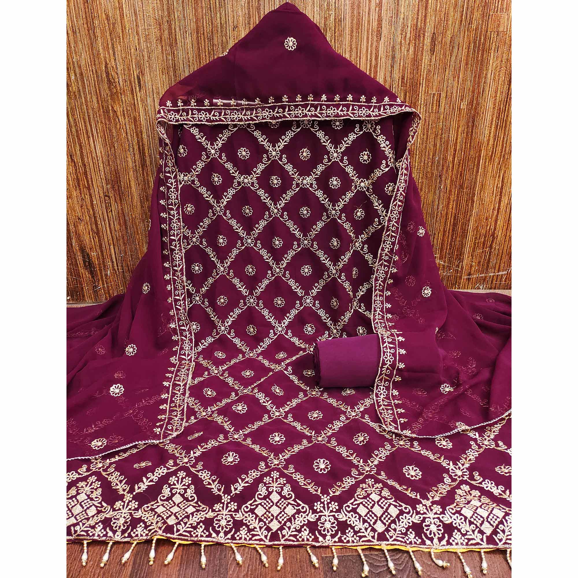 A Mesmerizing Creation Wine Floral Embroidered Georgette Dress Material - Image 3